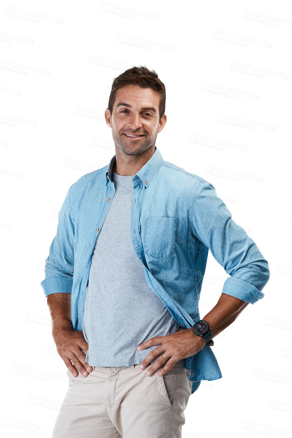 Buy stock photo Isolated man, smile and confident in portrait with casual trendy style by transparent png background. Guy, handsome fashion model and happy with contemporary clothes, blue shirt or attractive in Rome