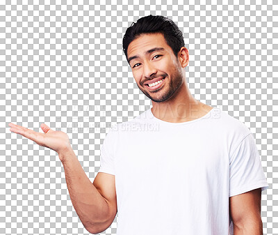 Gesture, hand and portrait of a man on a blue background for marketing, advertising or a logo. Smile, promo and an Asian person showing mockup space for branding isolated on a studio backdrop