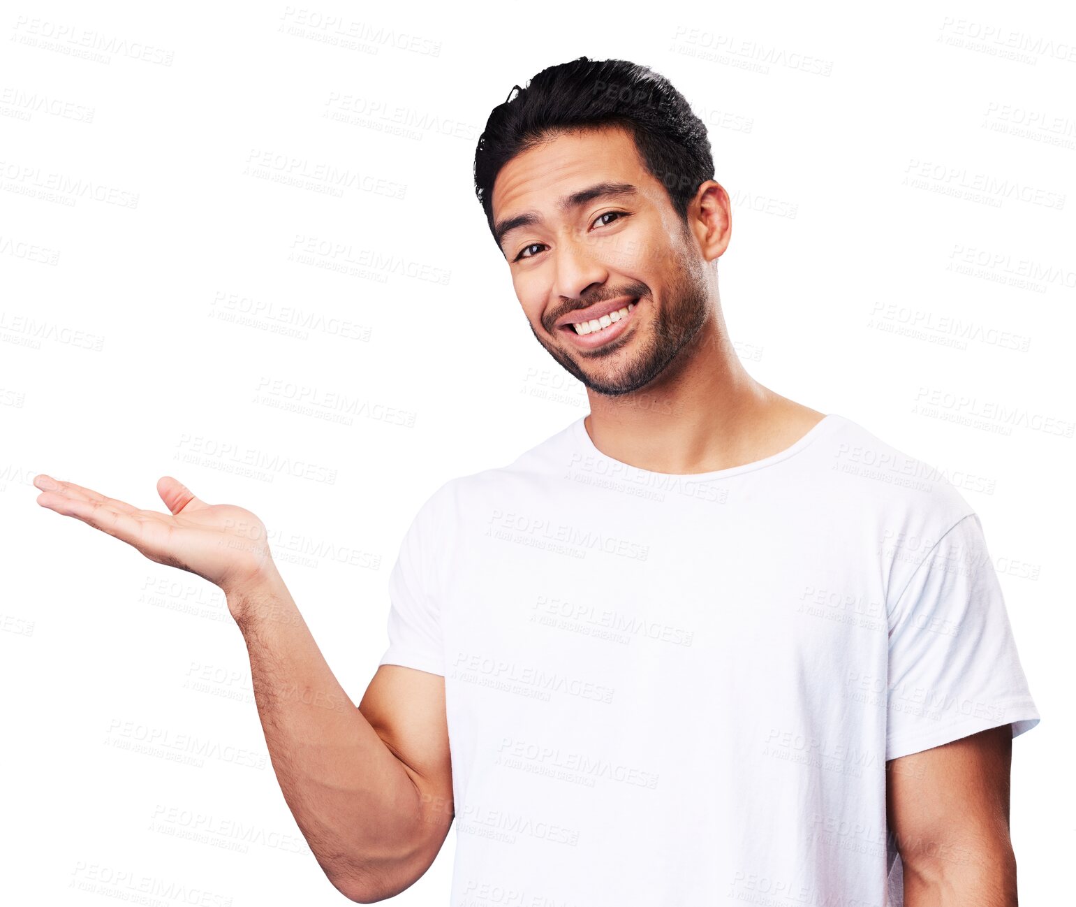 Buy stock photo Asian man, portrait and hands advertising presentation of advice isolated on transparent png background. Happy model show promotion of deal, sale and announcement of news, review or product placement