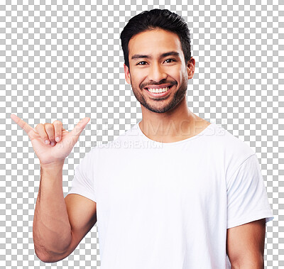 Man, smile and shaka in studio portrait with sign language, icon and youth by blue background. Indian student guy, fashion model and hand for call me, emoji and happy with gesture, symbol or contact