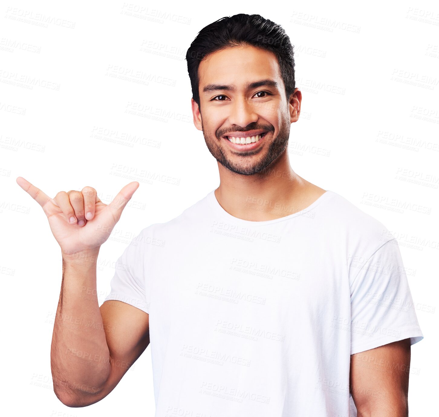 Buy stock photo Shaka, sign language and portrait of man with smile, kindness and isolated in a transparent or png background. Young student or happy person with icon, emoji and hand sign as greeting or surfs up