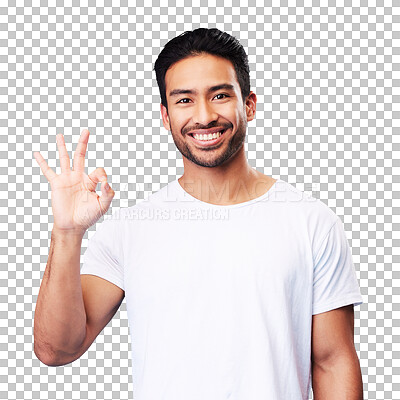 Buy stock photo Isolated man, sign and ok hand in portrait, smile or review for good service by transparent png background. Young Indian guy, happy fashion model and icon for gesture, opinion or agreement for choice