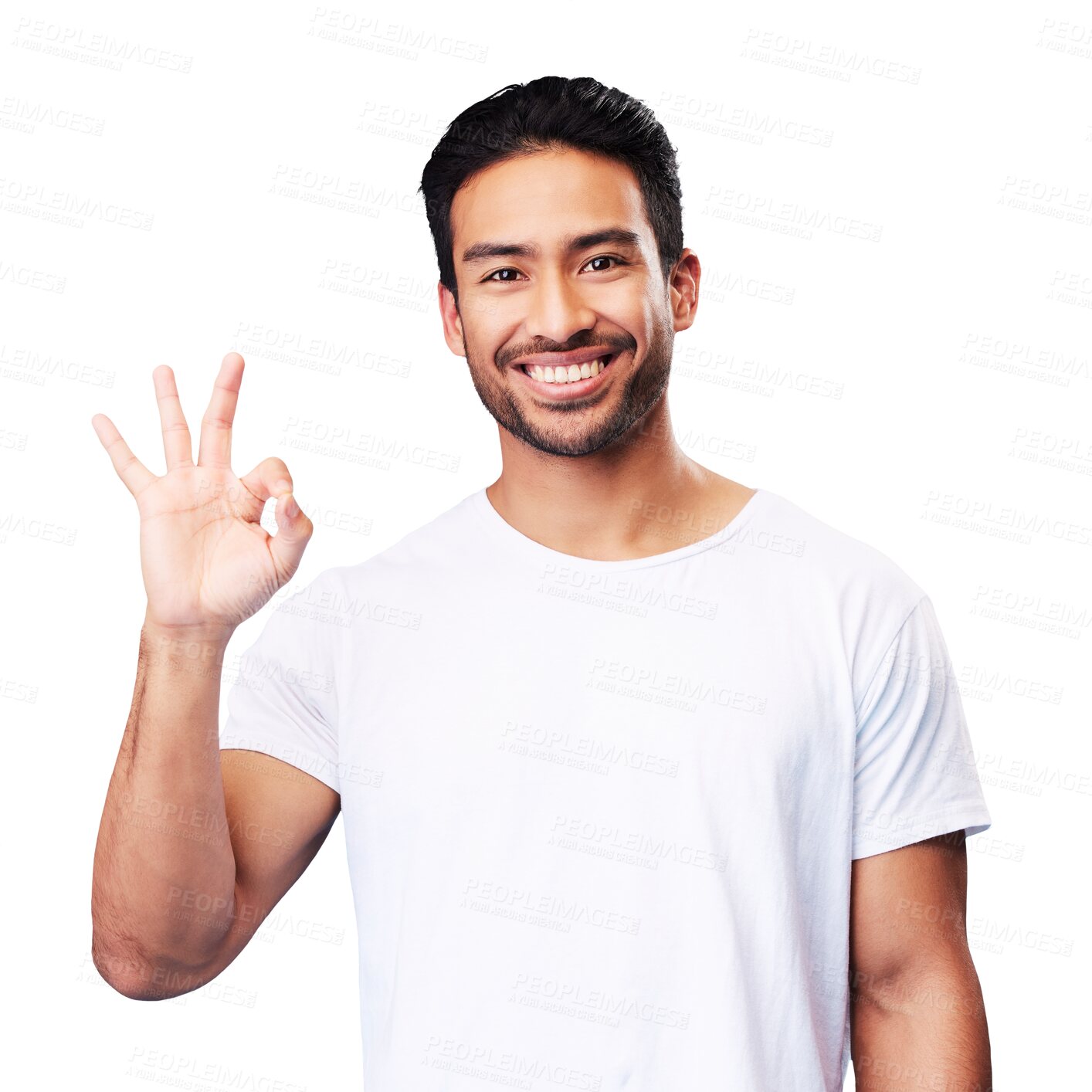 Buy stock photo Isolated man, sign and ok hand in portrait, smile or review for good service by transparent png background. Young Indian guy, happy fashion model and icon for gesture, opinion or agreement for choice