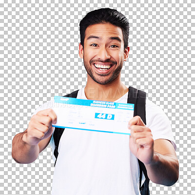Travel, ticket and portrait of Asian man happy for holiday or vacation flight isolated in a studio blue background. Smile, winning and young person with tourist discount, deal and promo for a trip