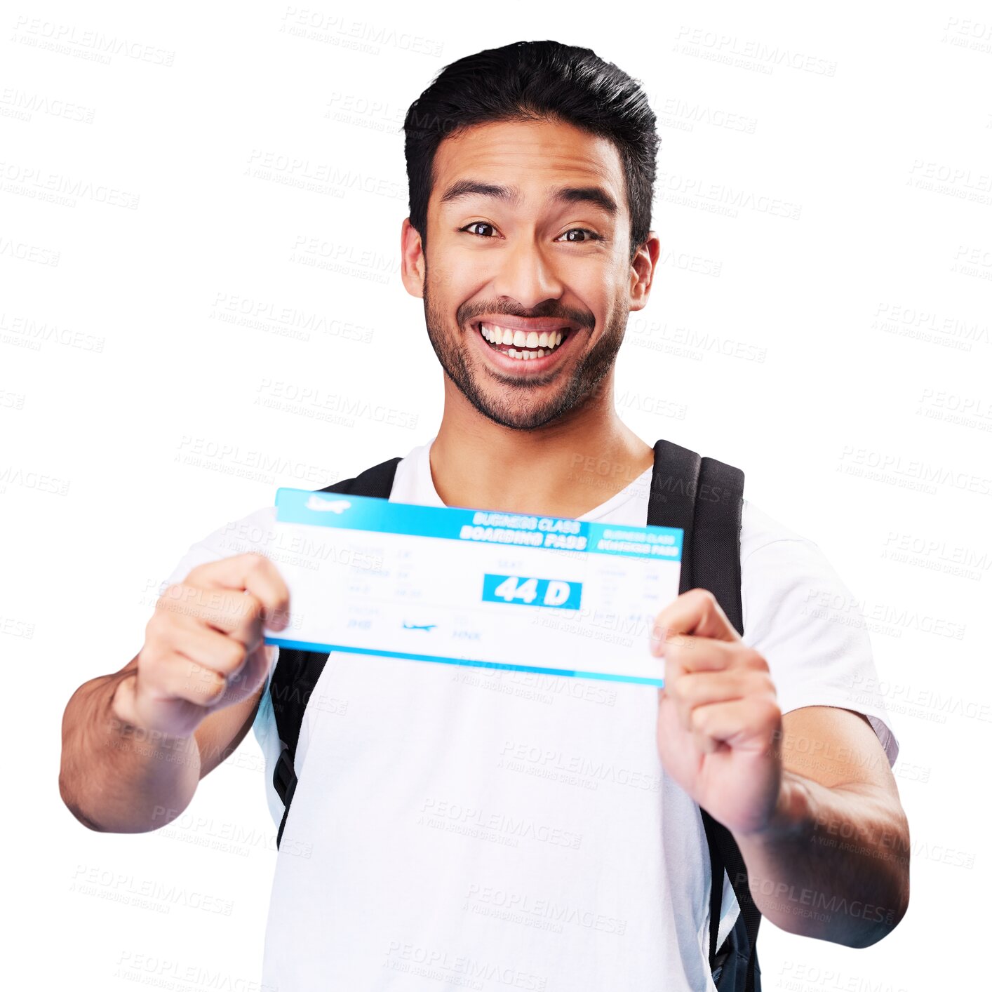 Buy stock photo Travel, ticket and portrait of Asian man happy for holiday or vacation flight deal with information. Smile, face and young male person with boarding pass isolated on transparent, png background