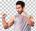 Fitness, man and fighter training, sports and exercise against a blue studio background. Male person, sweating or serious athlete with power, strong or energy with workout goals, fight or competition