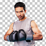 Portrait, man or fighter training, boxing or challenge against a blue studio background. Male person, healthy boxer or athlete with power, strong or serious face with workout goals, fight or wellness