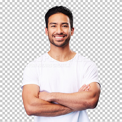 Smile, confident and portrait of Asian man arms crossed with casual fashion isolated in a studio blue background. Relax, calm and young male person with cheerful or happy mindset and happiness