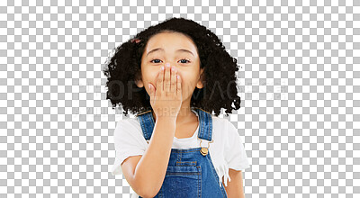 Wow, surprise and children with a girl on a green screen background standing hand over mouth. Portrait, face and gasp with an adorable little female child hearing gossip or a rumor on chromakey