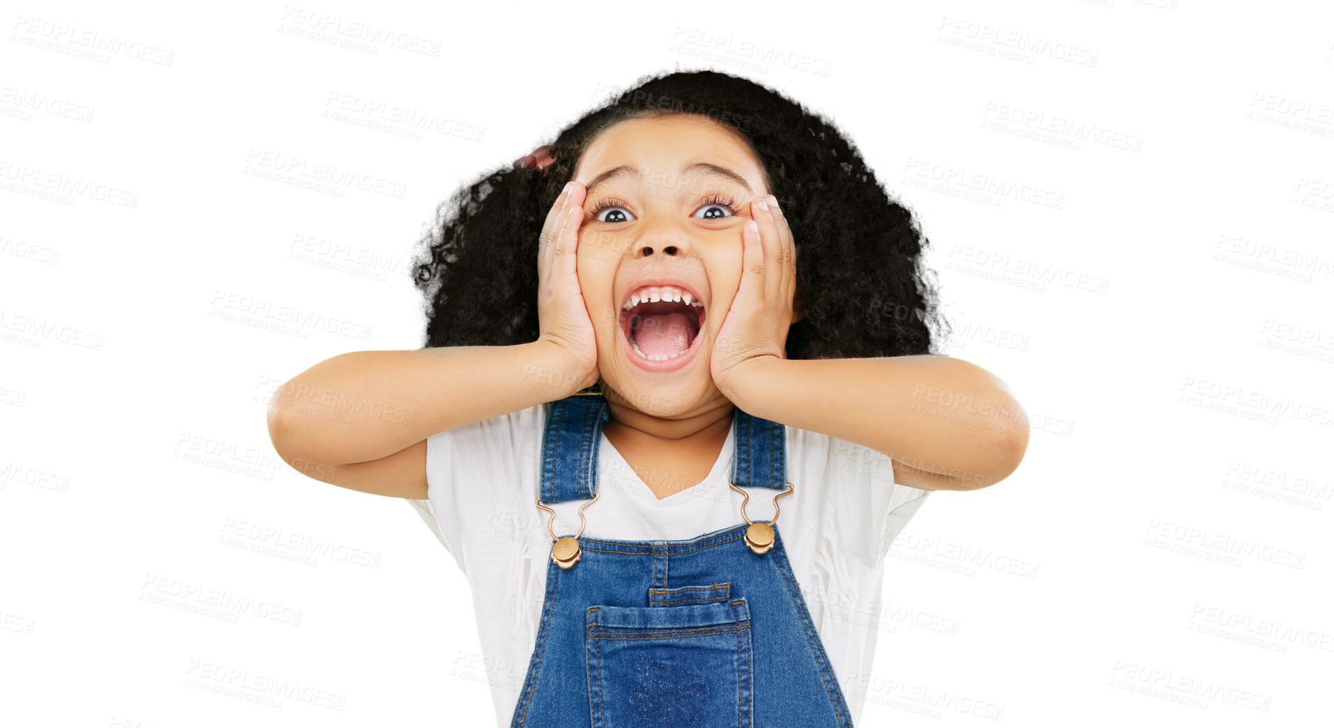 Buy stock photo Wow, news and surprise with face of child on png for notification, gossip and shocked. Rumor, announcement and alert with young girl isolated on transparent background for crazy sale and deal