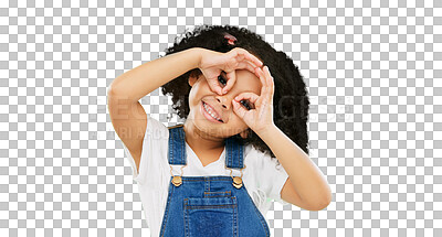 Buy stock photo Vision, girl or child with hands on eyes for glasses and playful gesture in portrait isolated on png transparent background. Fun, smile or comic with funny facial expression, female kid and binocular