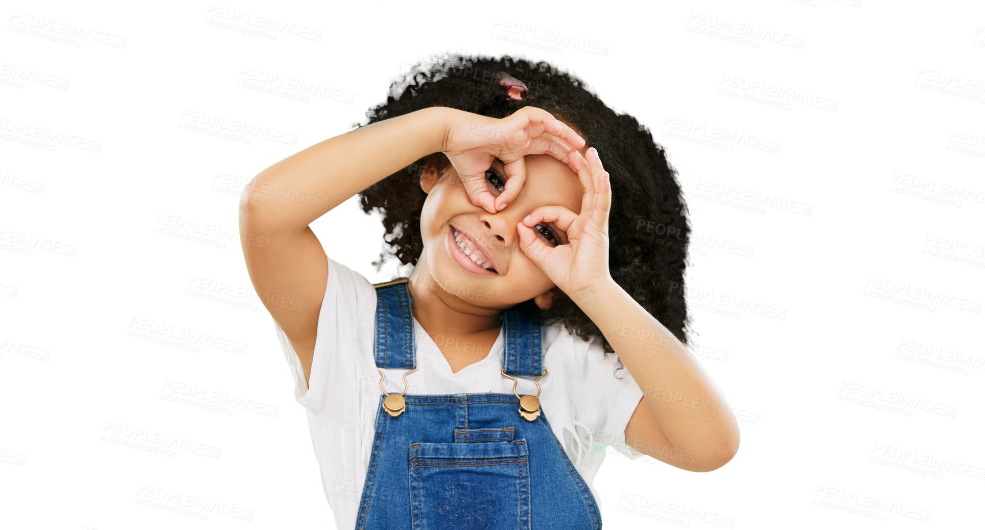 Buy stock photo Vision, girl or child with hands on eyes for glasses and playful gesture in portrait isolated on png transparent background. Fun, smile or comic with funny facial expression, female kid and binocular