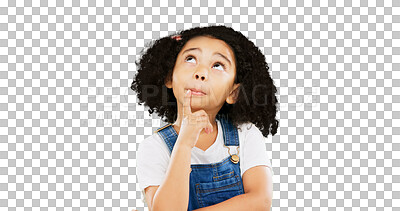 Buy stock photo Thinking, decision and isolated child planning on a transparent png background. Doubt, youth and questions for a confused girl kid with dream solution, memory and ideas for future problem solving