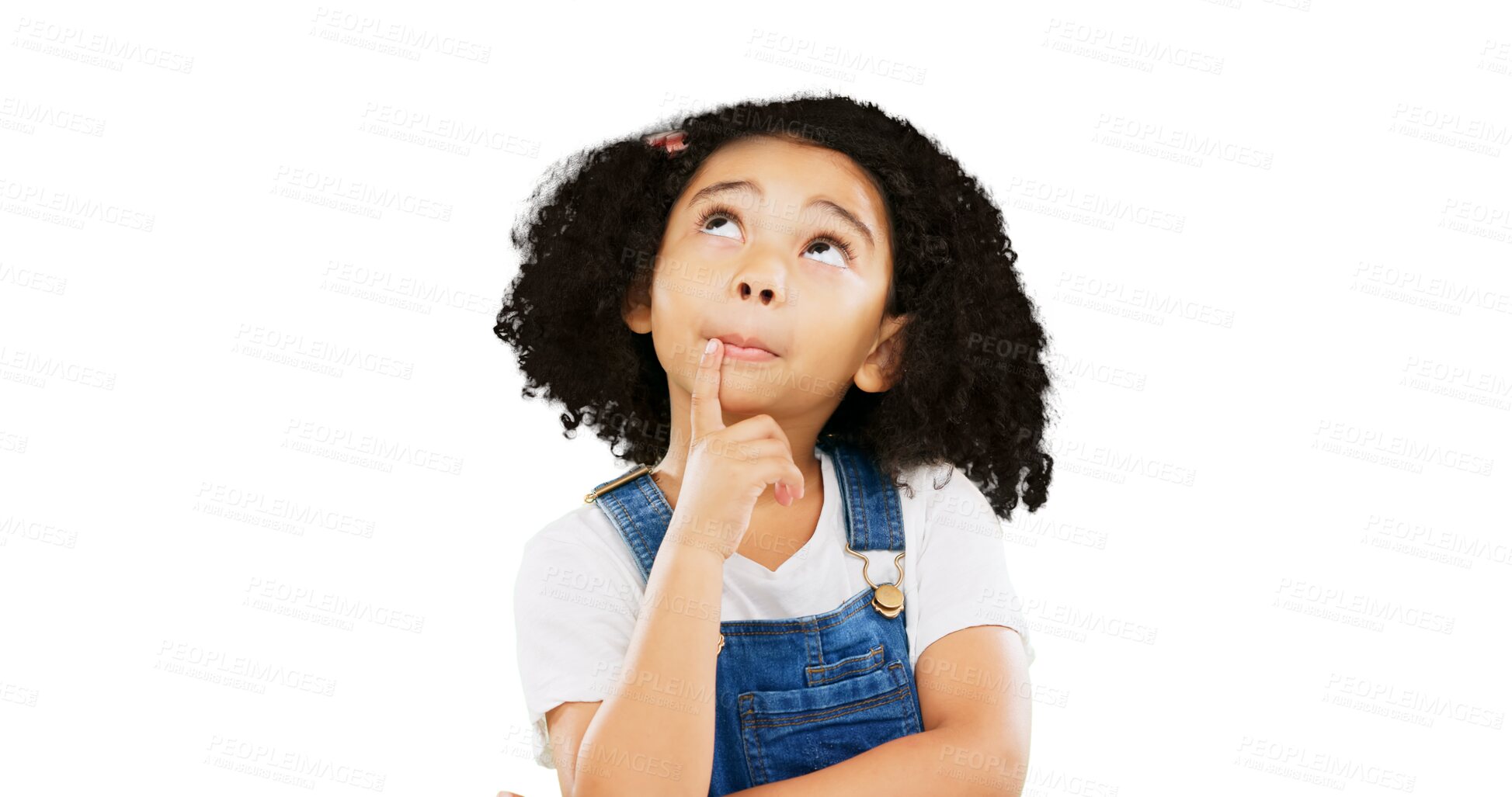 Buy stock photo Thinking, decision and isolated child planning on a transparent png background. Doubt, youth and questions for a confused girl kid with dream solution, memory and ideas for future problem solving