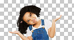Kids, doubt and a confused girl shrugging her shoulders on a green screen background in studio. Children, portrait and question with an adorable little female child asking on chromakey mockup