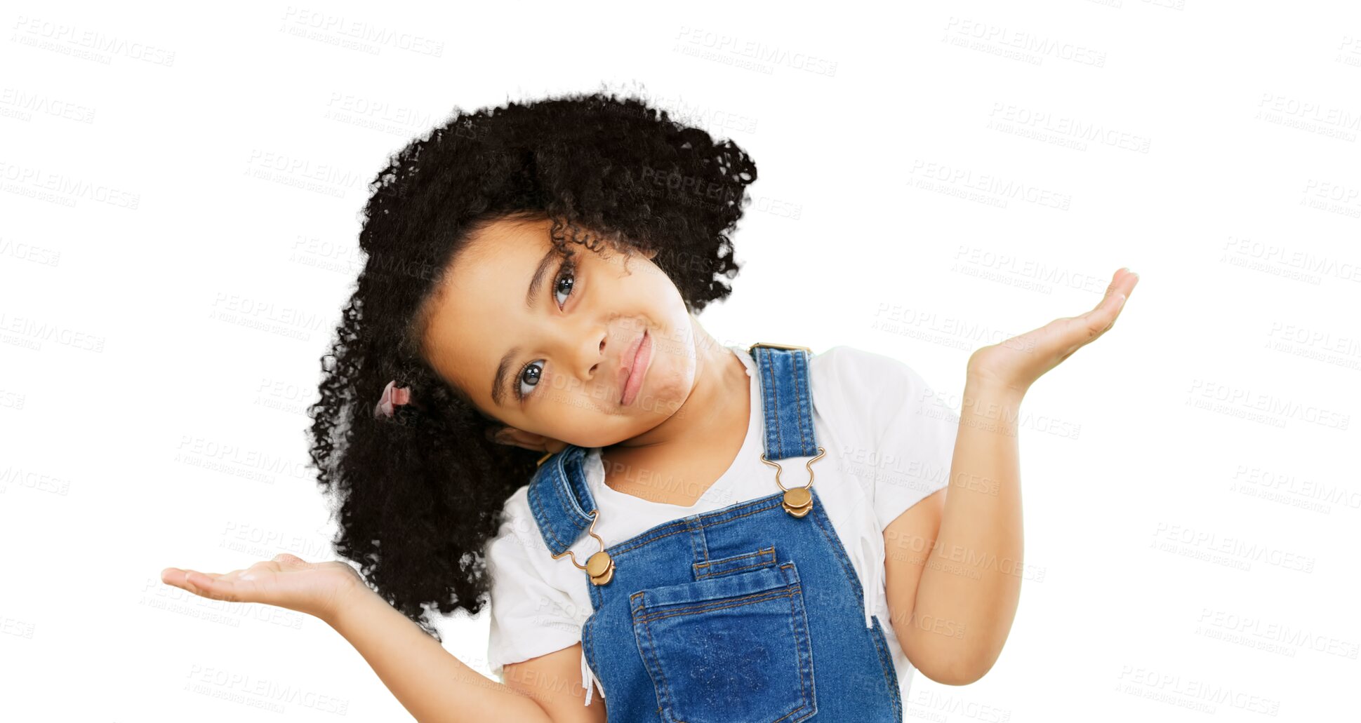 Buy stock photo Confused, doubt and choice with child and thinking on png for balance, decision and questions. Balance, uncertain and puzzled with young girl isolated on transparent background for why and shrug