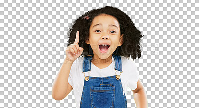 Buy stock photo Surprise, idea and child portrait with a planning decision isolated on a transparent, png background. Success, youth question inspiration and a girl kid with thinking solution and curious for future 