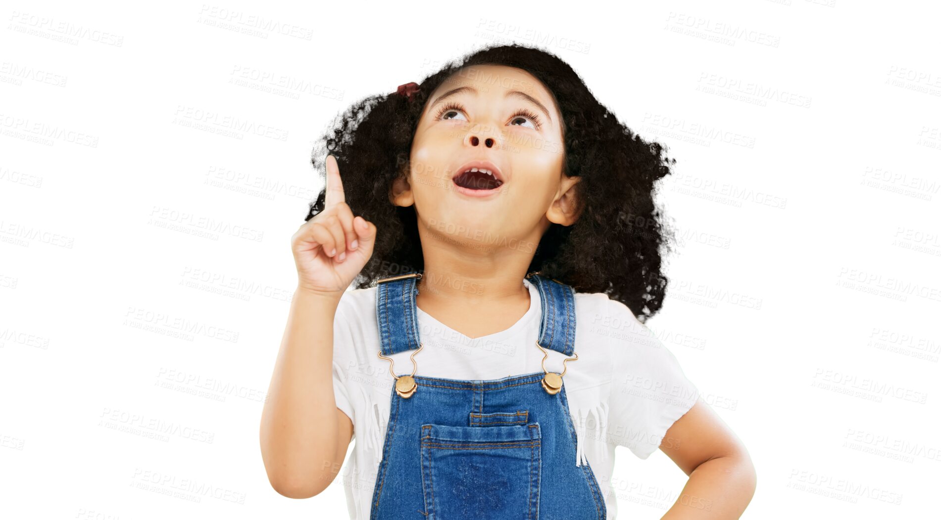 Buy stock photo Thinking, idea and happy child with a planning decision isolated on a transparent, png background. Solution, youth question and a confused girl kid with problem solving and curious for future vision