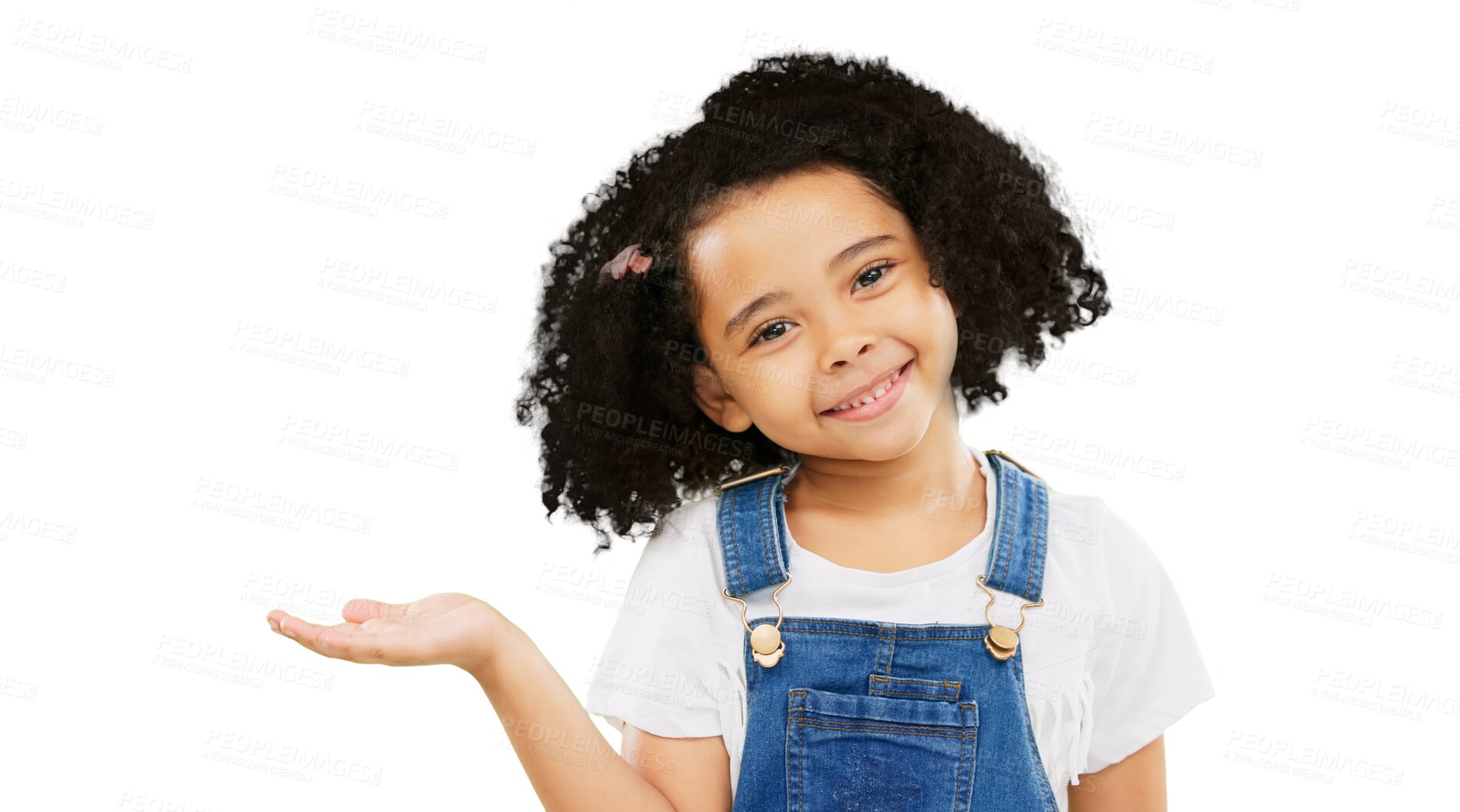 Buy stock photo Palm, offer and presentation with portrait of child on png and smile, show and promotion. Happy, advertising and announcement with face of young girl isolated on transparent background for hand sign
