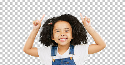 Buy stock photo Smile, pointing and presentation with portrait of child on png for idea, show and promotion. Happy, advertising and announcement with face of young girl isolated on transparent background for sign