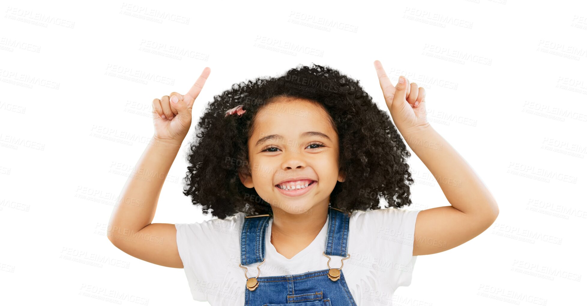 Buy stock photo Smile, pointing and presentation with portrait of child on png for idea, show and promotion. Happy, advertising and announcement with face of young girl isolated on transparent background for sign