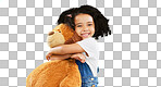 Happy, little girl and hugging teddy bear on green screen of cute innocent child isolated against studio background. Portrait of adorable kid smile with soft toy hug for childhood on chromakey mockup