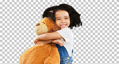 Buy stock photo Happy, little girl and hugging teddy bear with smile isolated on a transparent PNG background. Portrait of cute, innocent and adorable child or kid holding or cuddling soft toy in joyful happiness