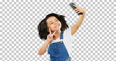 Buy stock photo Happy little girl, selfie and peace sign in photography isolated on a transparent PNG background. Young child or kid smile in photo, memory or social media showing v hand sign or gesture in happiness