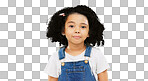 Raise eyebrow, green screen and face of child on in studio for comic, meme and funny facial expression. Emoji mockup, childhood and portrait of young girl with happiness, humour reaction and excited