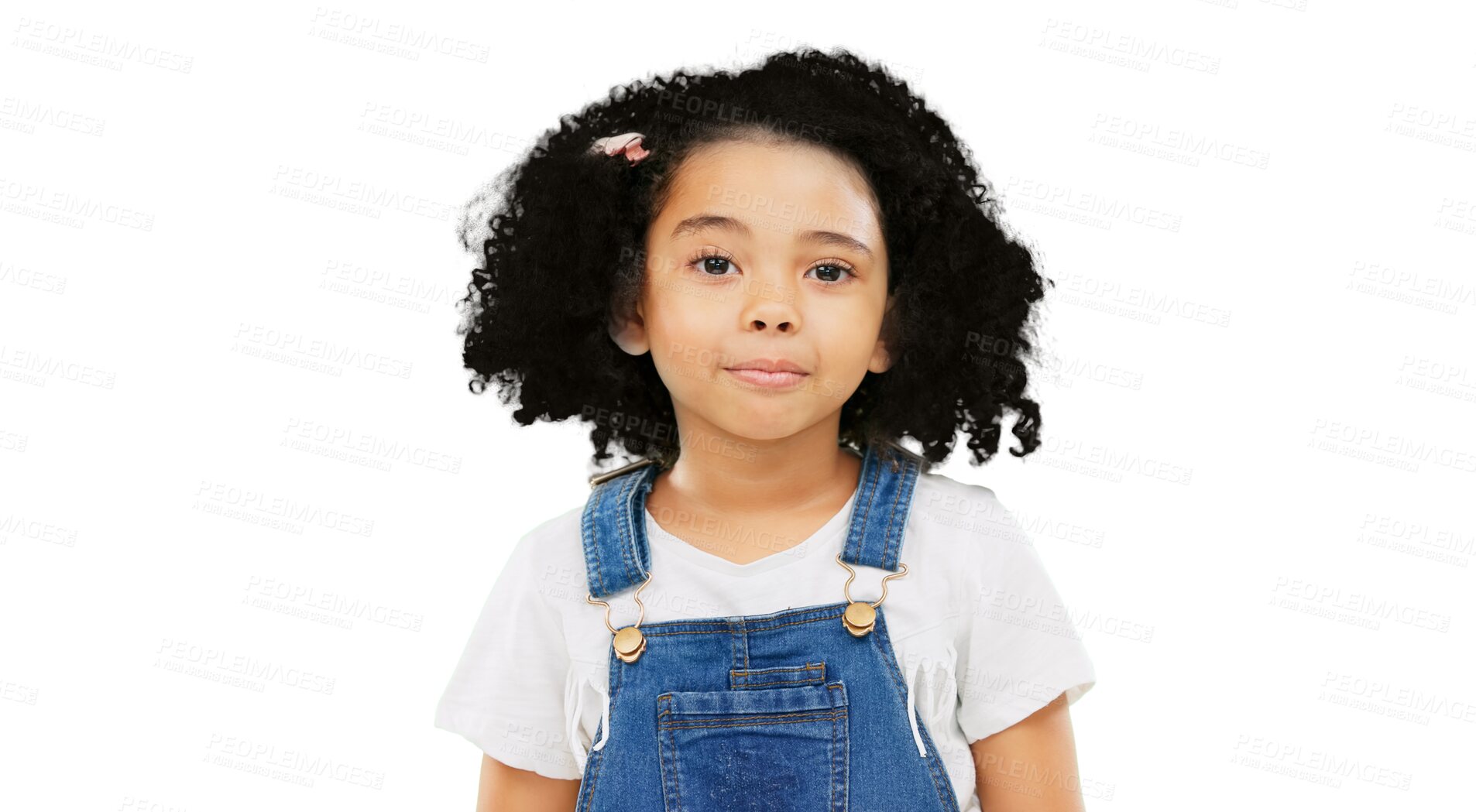 Buy stock photo Fashion, attitude and portrait of girl with smile on isolated, png and transparent background. Young, style and face of adorable child with cute outfit, hair accessories and clothes for childhood