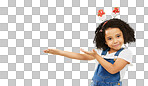 Product placement, green screen and portrait of a child doing a presentation on a studio background. Branding, mockup and girl kid showing a space for marketing, display or advertising on a backdrop