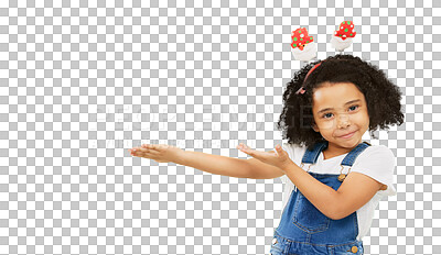 Buy stock photo Smile, Christmas and promotion with portrait of child on png for deal, discount and show presentation. Happy, holiday and announcement with young girl isolated on transparent background for hand sign