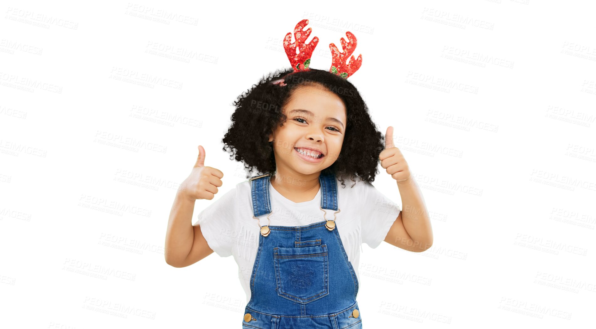 Buy stock photo Happy girl, Christmas and thumbs up in winning, agreement or isolated on a transparent PNG background. Portrait of excited child or kid smile and like emoji, yes sign or ok in celebration or approval