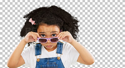 Buy stock photo Sunglasses, fashion and portrait of girl with attitude on isolated, png and transparent background. Emoji, adorable and cute child with trendy clothes, style and accessory for funny, comic and humor