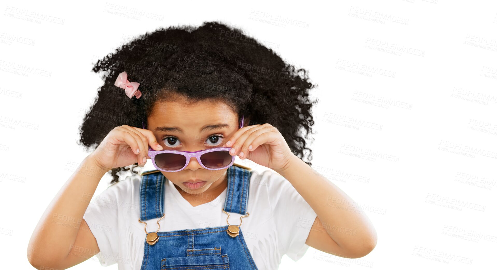 Buy stock photo Sunglasses, fashion and portrait of girl with attitude on isolated, png and transparent background. Emoji, adorable and cute child with trendy clothes, style and accessory for funny, comic and humor