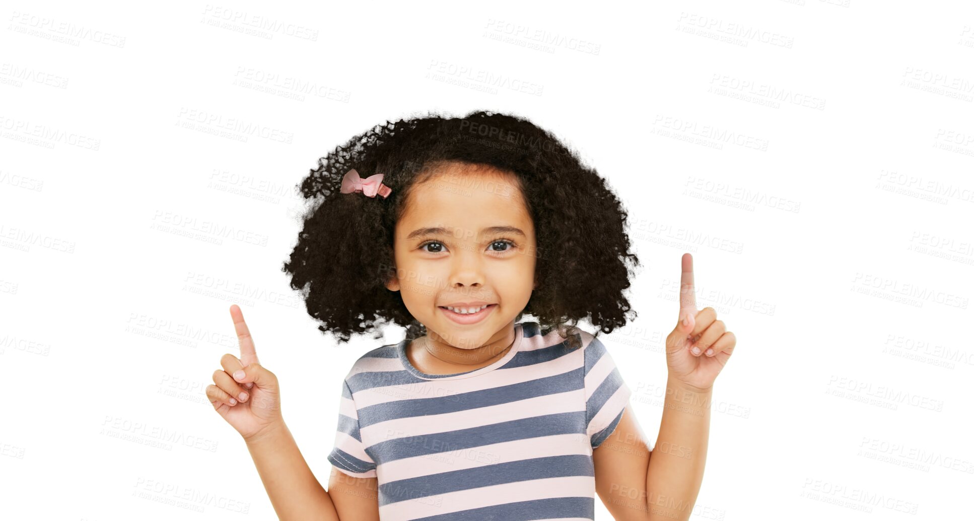 Buy stock photo Little girl, portrait and smile while pointing up to advertising isolated on a transparent PNG background. Happy child or kid in youth with hand gesture or emoji for marketing, discount and sale