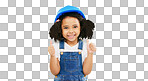 Little girl, thumbs up and construction with safety helmet on green screen for good job against a studio background. Portrait of architect kid showing thumb emoji, yes or like for success on mockup
