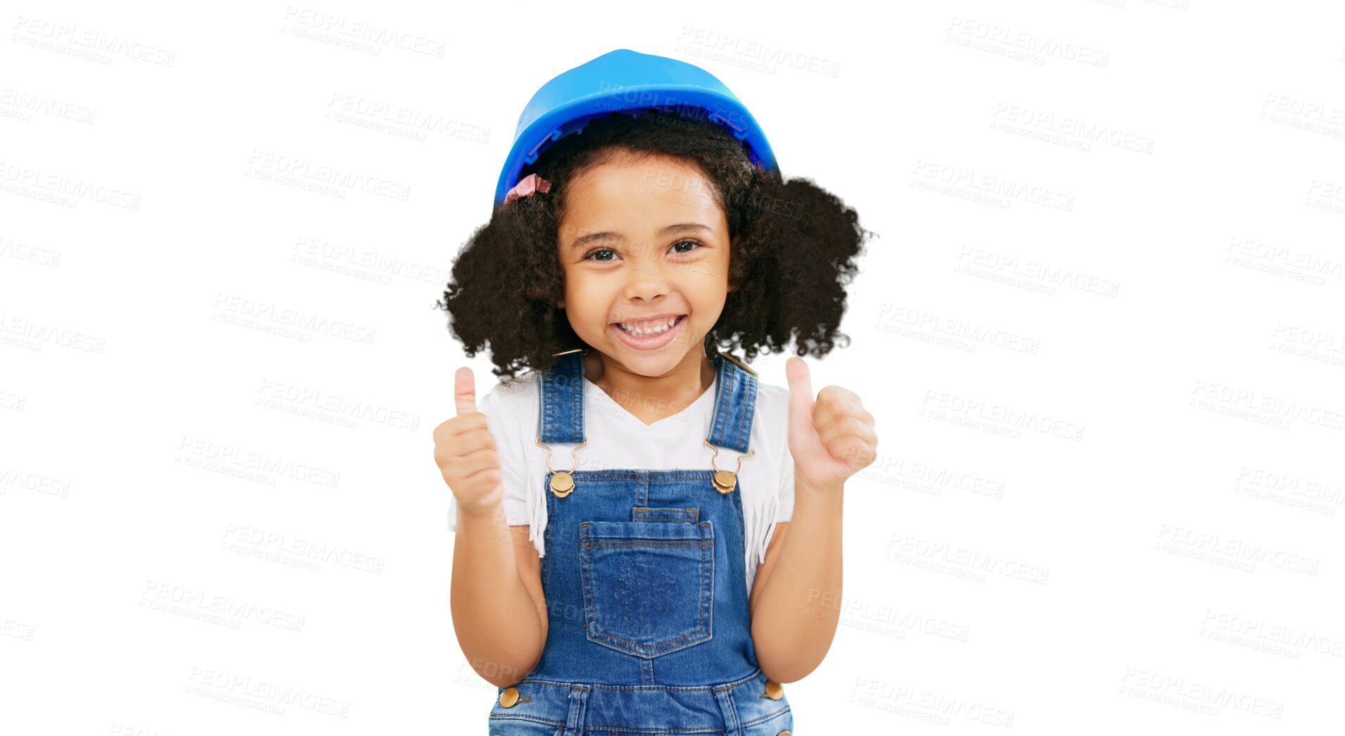 Buy stock photo Thumbs up, smile and construction with portrait of child on png for success, like or achievement. Yes, engineering and thank you with young girl isolated on transparent background for safety and sign