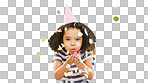 Little girl, birthday and blowing confetti on green screen for party celebration isolated against a studio background. Portrait of cute kid celebrating event with glitter decor for new year on mockup