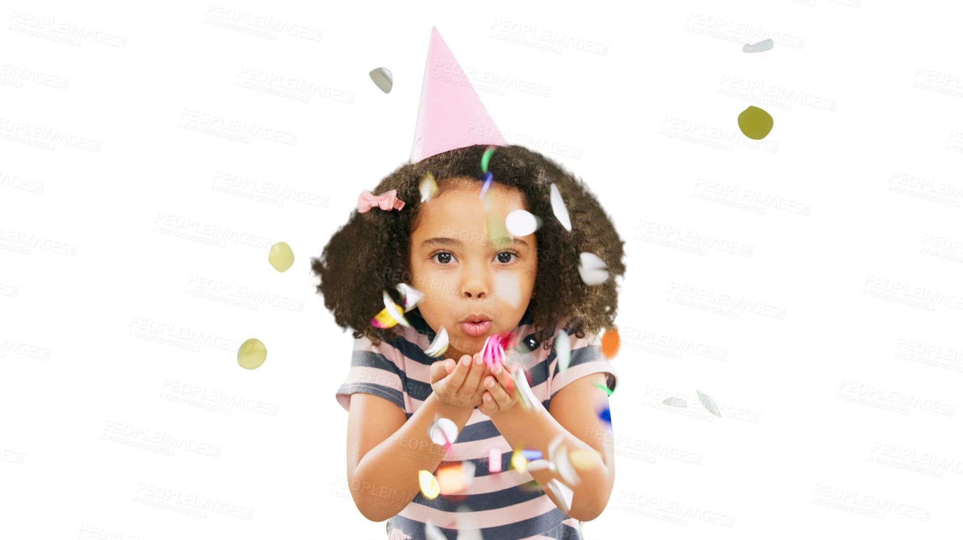 Buy stock photo Little girl, portrait and blowing confetti on birthday, event or celebration isolated on a transparent PNG background. Cute or adorable child or kid playing with glitter decor for festive or new year