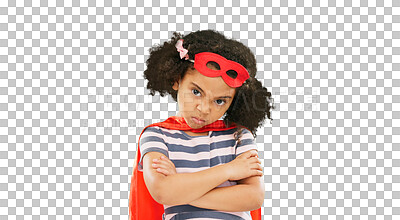 Child, superhero and hand on green screen to stop crime and fight with fantasy, dream or cosplay costume. Girl power, hero and pretend game with strong kid portrait to protect freedom of imagination