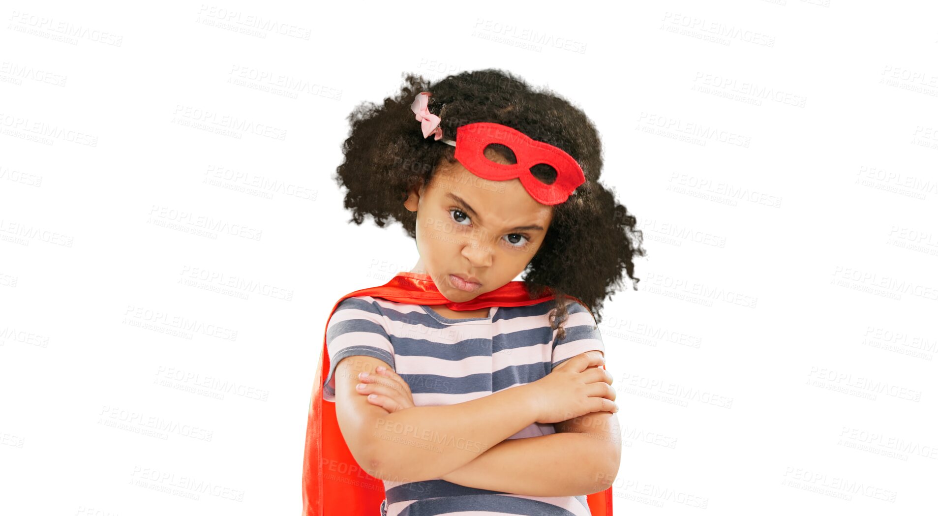 Buy stock photo Child, superhero or arms crossed with angry face on isolated, transparent or png background. Biracial kid portrait, mad or girl in cosplay fantasy clothes for crime stop, safety or fantasy protection