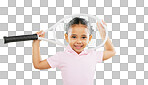 Children, tennis and a girl on a green screen background in studio for sports, recreation or fun. Portrait, kids and fitness with an adorable little female child or athlete on chromakey mockup
