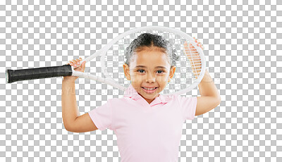 Children, tennis and a girl on a green screen background in studio for sports, recreation or fun. Portrait, kids and fitness with an adorable little female child or athlete on chromakey mockup