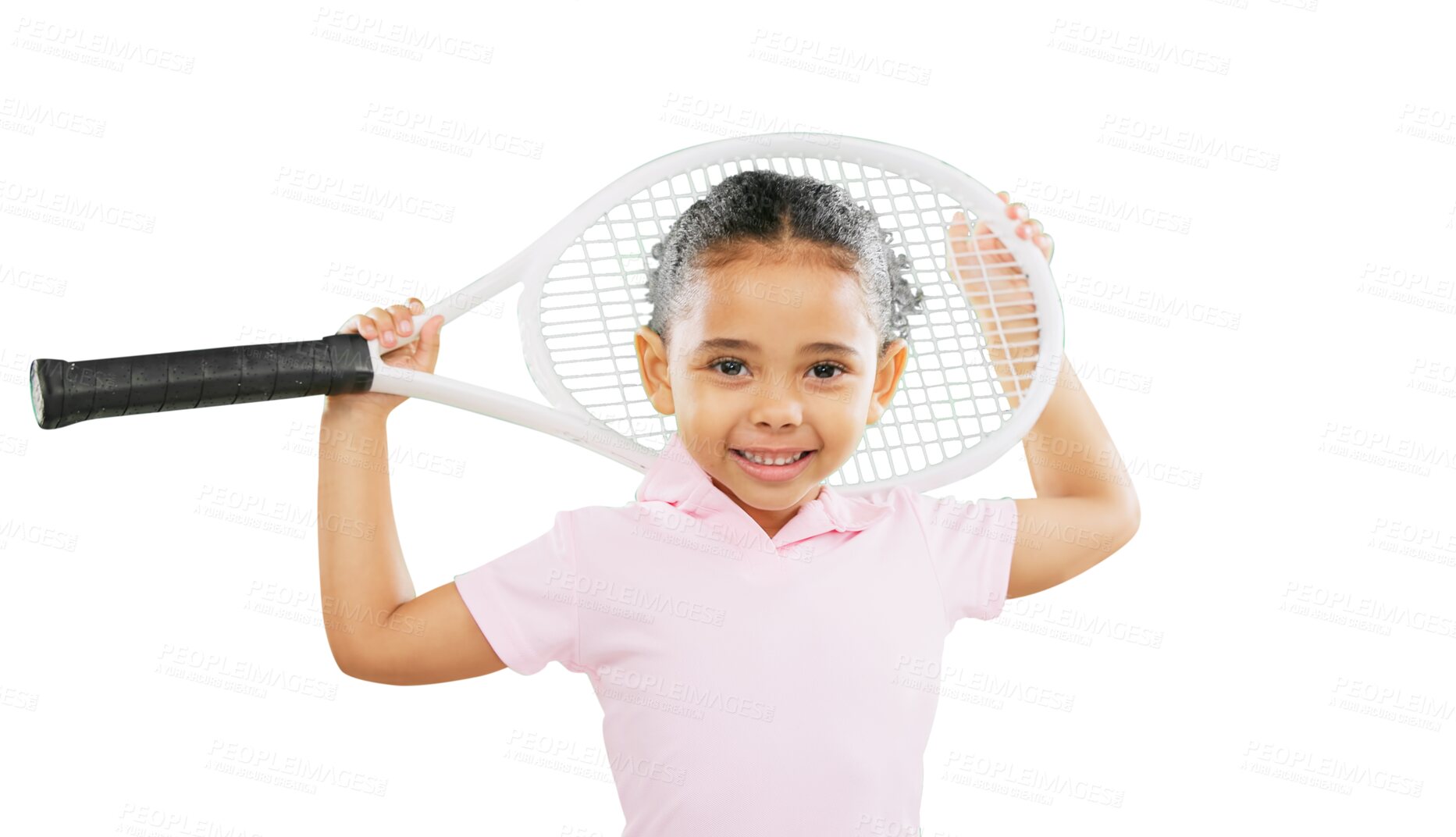 Buy stock photo Children, tennis and portrait of little girl with racket standing isolated on a transparent PNG background. Face of cute child player or kid smile in sports, fitness or fun athlete in game or match