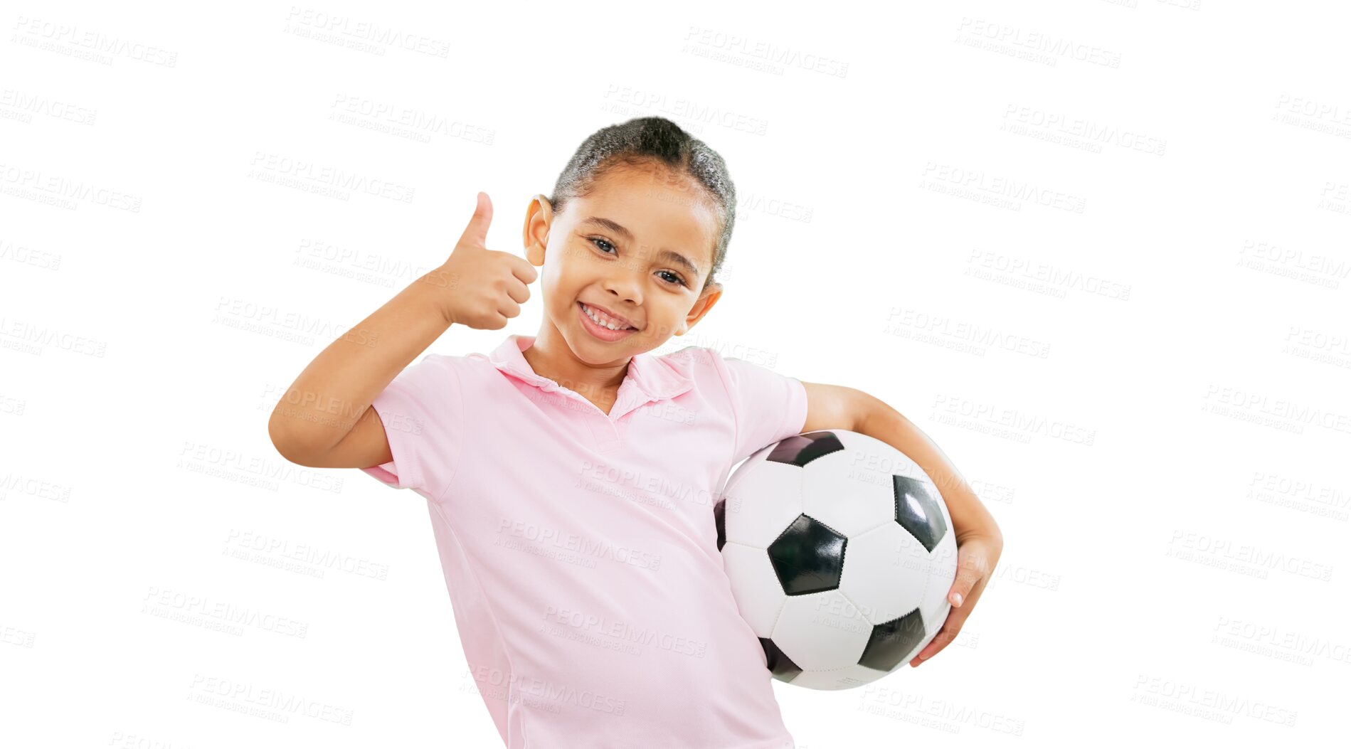 Buy stock photo Girl child, soccer ball and thumbs up in portrait, thank you or agreement isolated on a transparent PNG background. Winning, young child or kid in fitness or football with like emoji, yes sign or OK