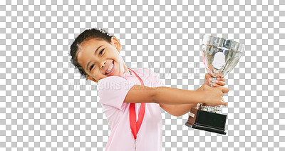 Buy stock photo Girl, kid and trophy, celebration and champion with winner of competition isolated on png transparent background. Young female child in portrait, happiness and energy with success, award and winning