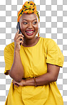 Phone call, smile and talking, black woman isolated on transparent png background, communication and networking. Conversation, discussion and happy African model speaking on cellphone with connection