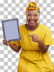 Woman, portrait and blank tablet screen with for marketing and excited announcement with smile. Happy, African female person and application information ??isolated on a transparent, png background