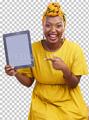 Buy stock photo Woman, portrait and blank tablet screen with for marketing and excited announcement with smile. Happy, African female person and application information isolated on a transparent, png background